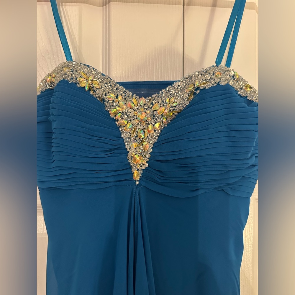 Faviana Blue Embellished Ruched Prom Gown